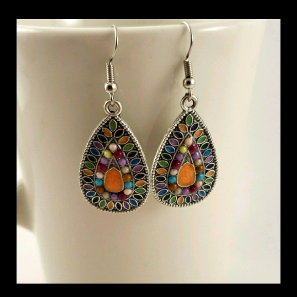 Boho Multi-colored Enamel Tear Drop Earrings